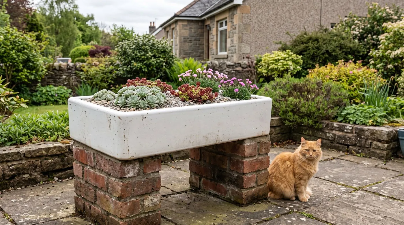 Old ceramic sink raised on bricks and planted with saxifrages, sedum and alpines under a layer of grit