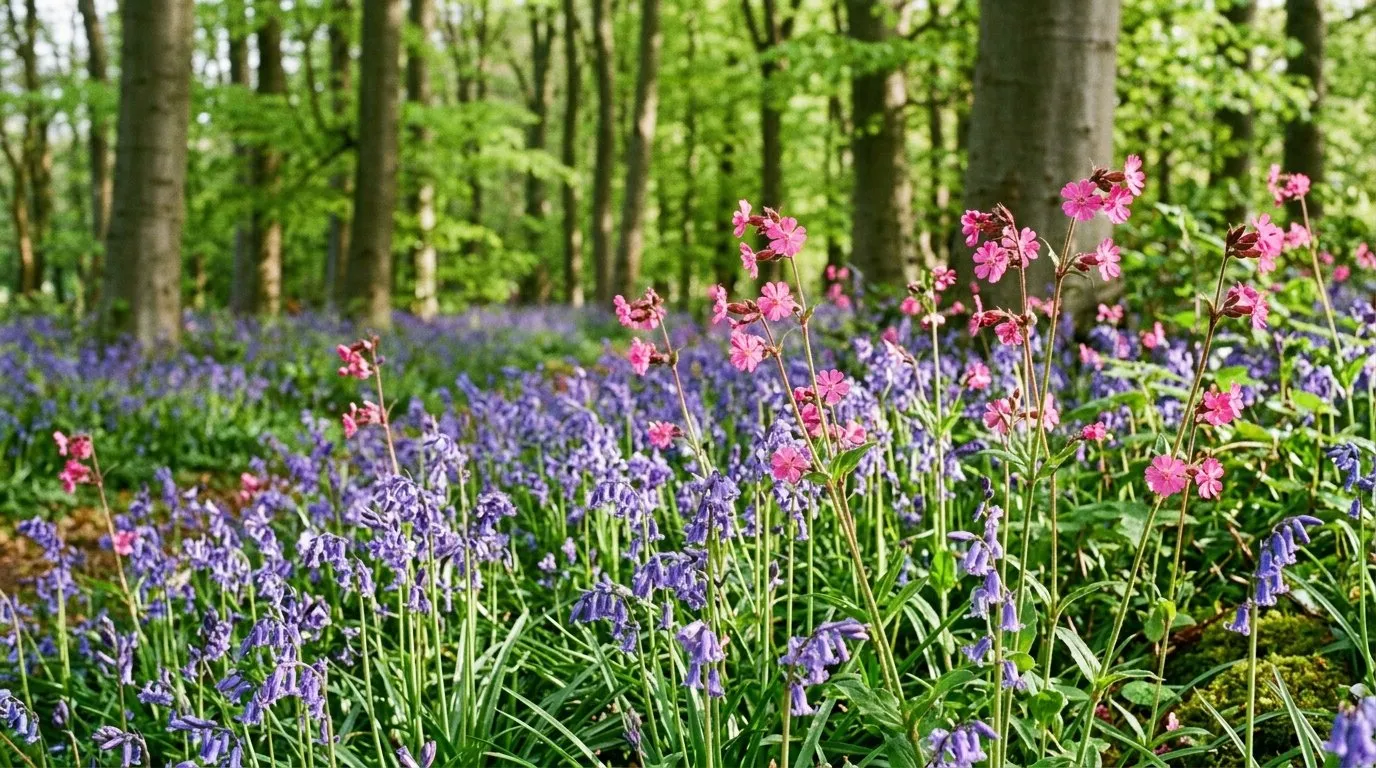 Red campion at the bluebell woodland edge, pink flowers over a blue carpet in spring