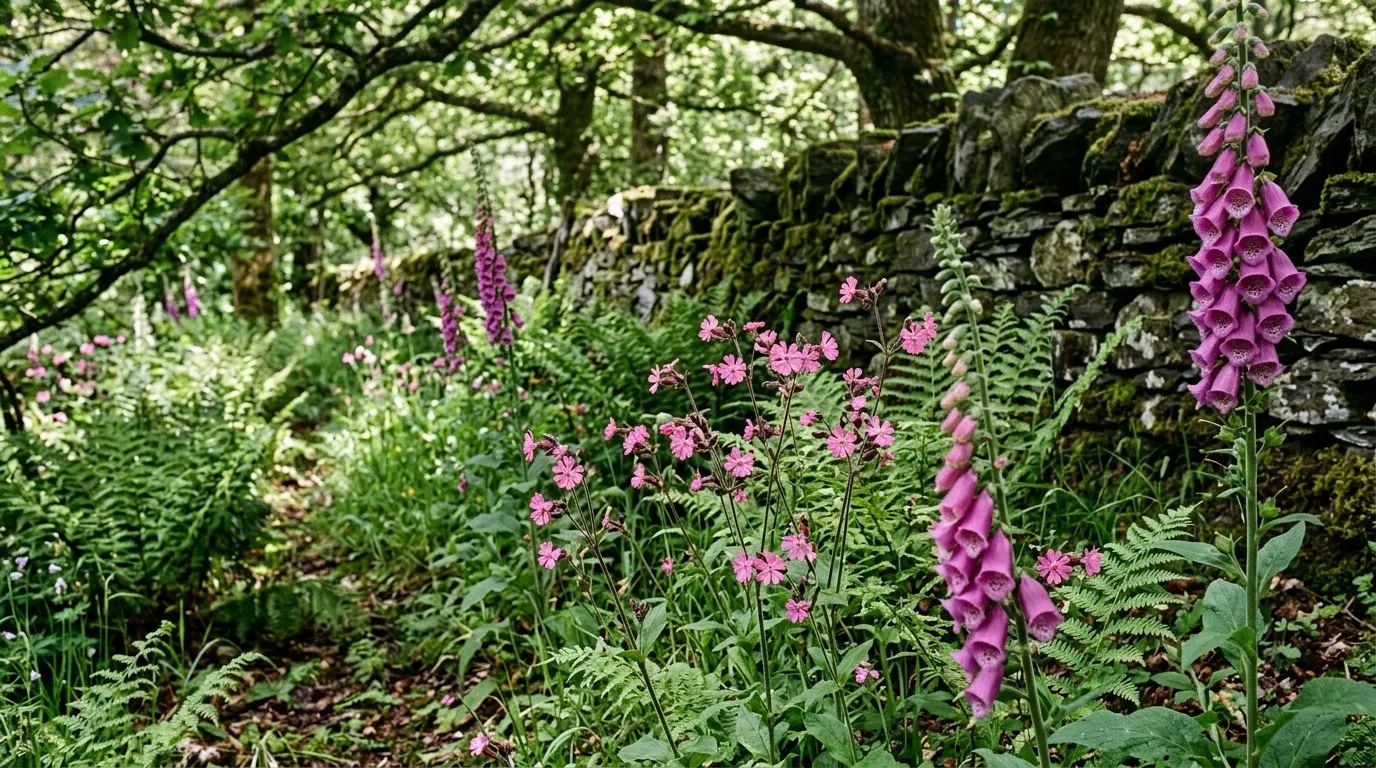 Red campion with ferns and foxgloves in a Welsh woodland garden