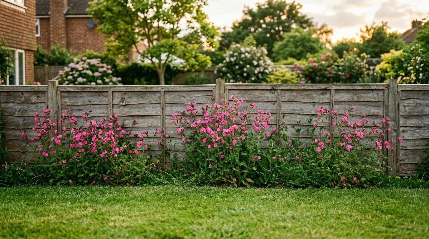 Red campion self-seeded along a suburban garden fence line at the hedge bottom