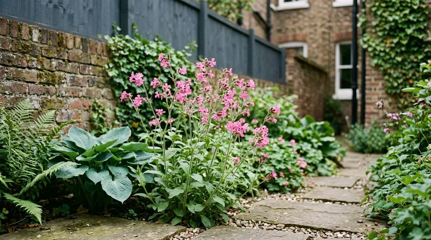 Red campion flowering in a north-facing shade border behind a UK city terrace