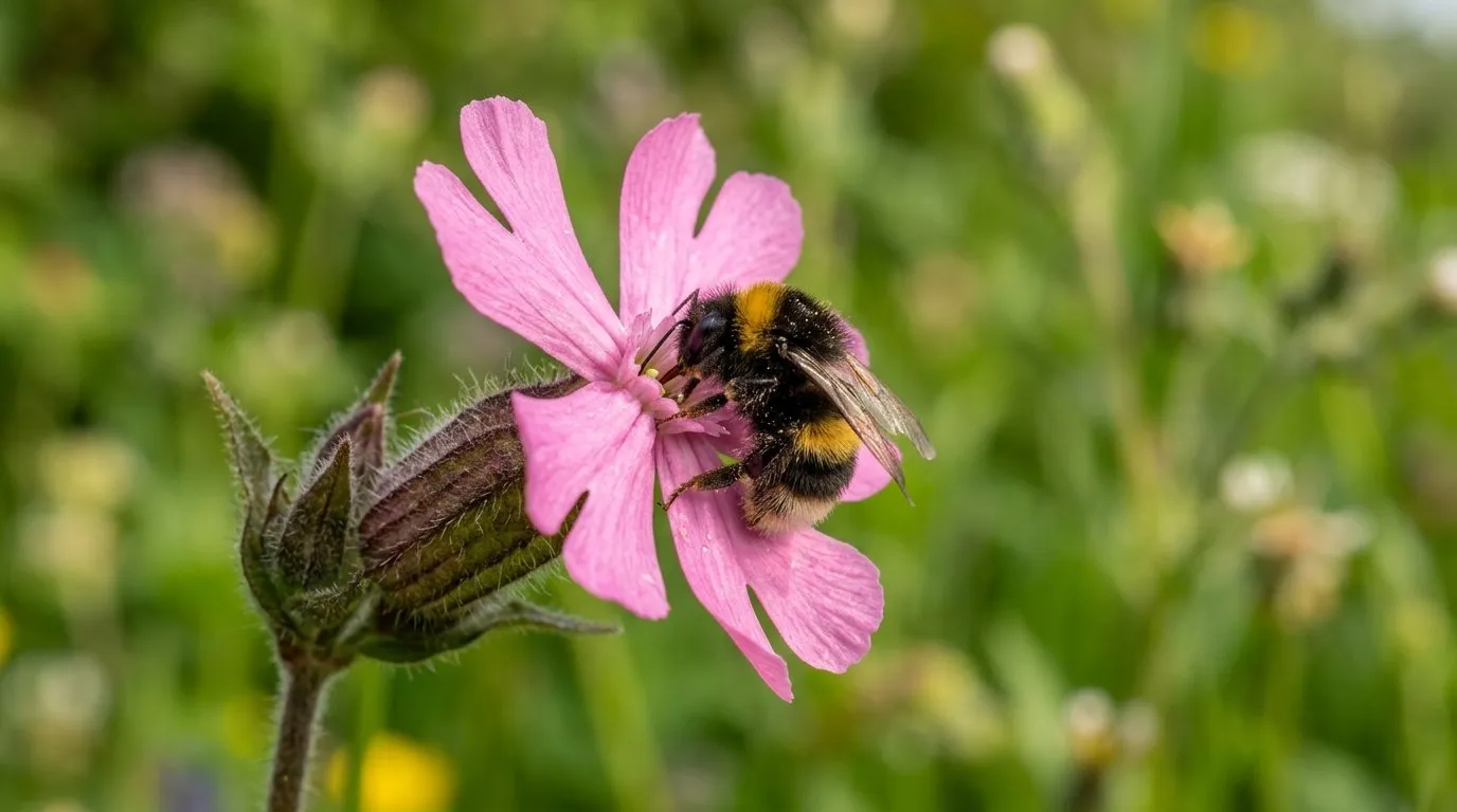 Close-up of notched pink red campion petals with a bumblebee feeding