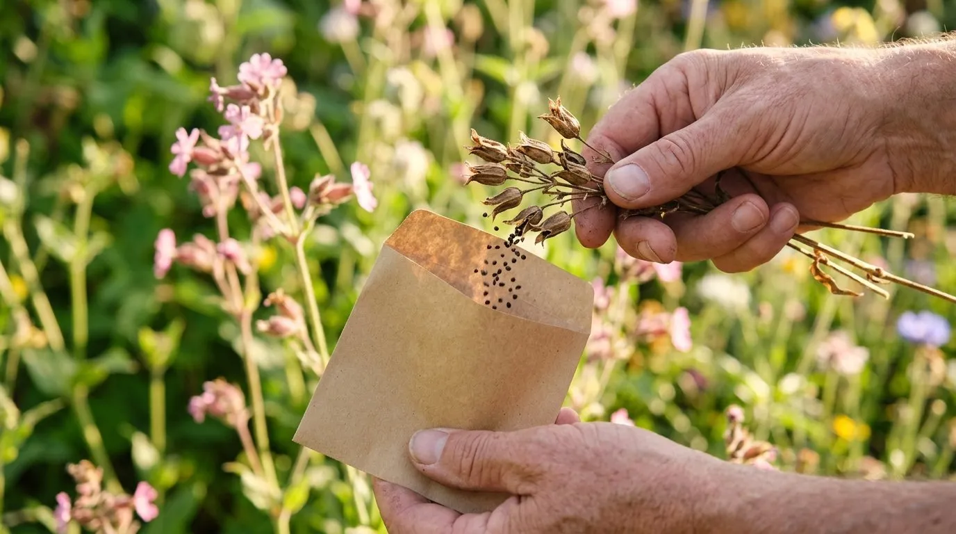 Hands shaking ripe red campion seed capsules into a paper envelope in a UK garden
