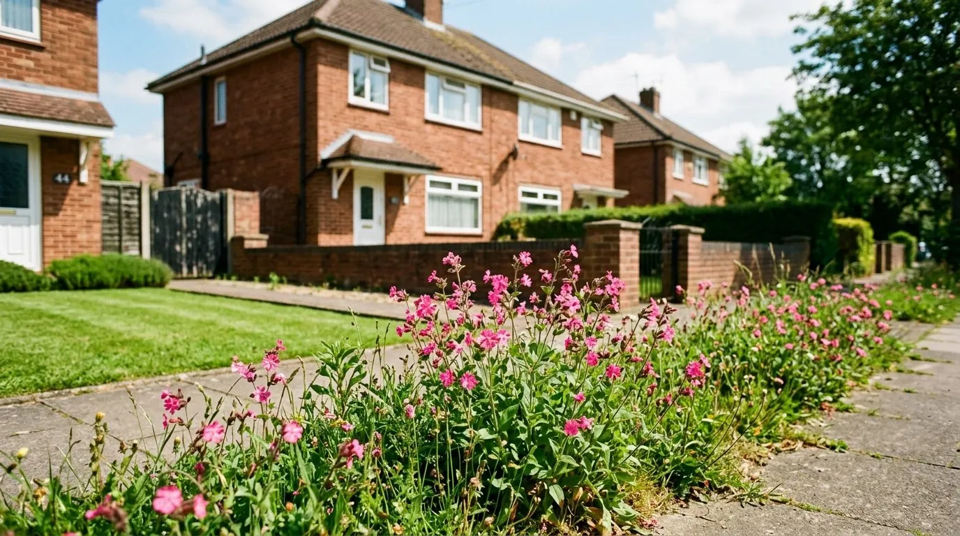 Red campion growing as a wildflower patch in a council estate front garden verge