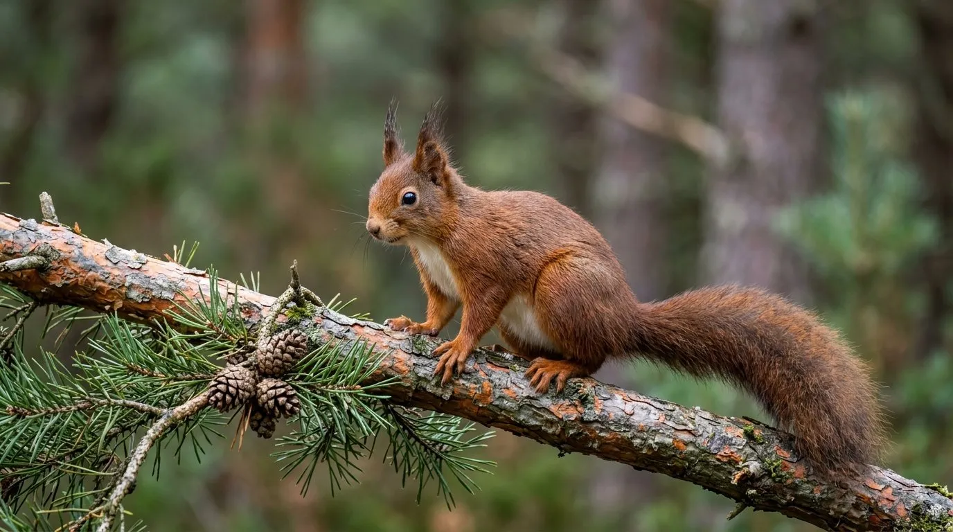 Red squirrel on a pine branch in the Scottish Highlands, far from any squirrel proof bird feeder