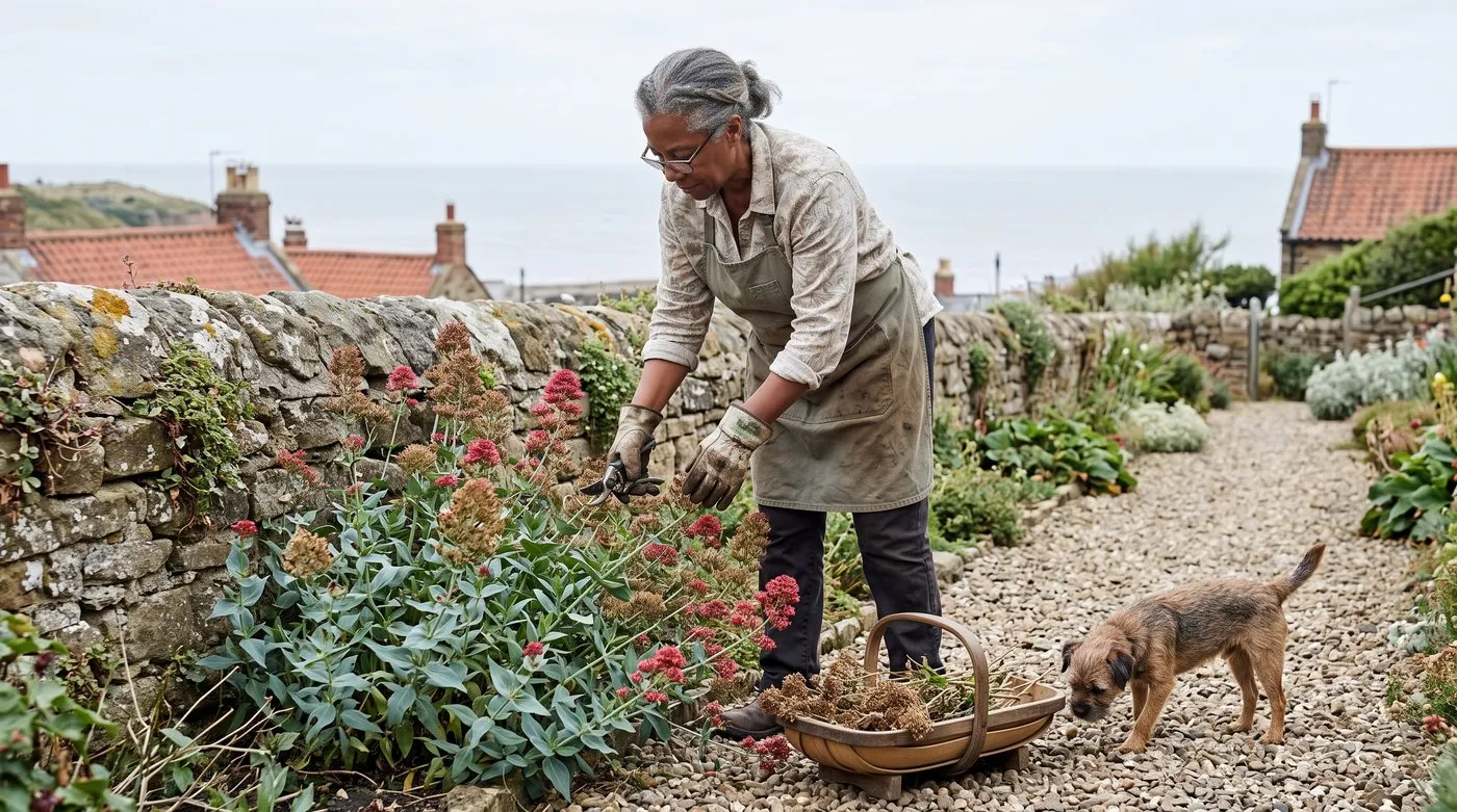 Gardener cutting back faded red valerian stems with secateurs beside a gravel path while a terrier watches