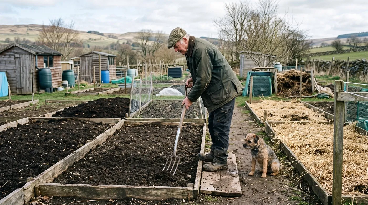 Older man gently rocking a garden fork in a veg bed to loosen soil without turning it over