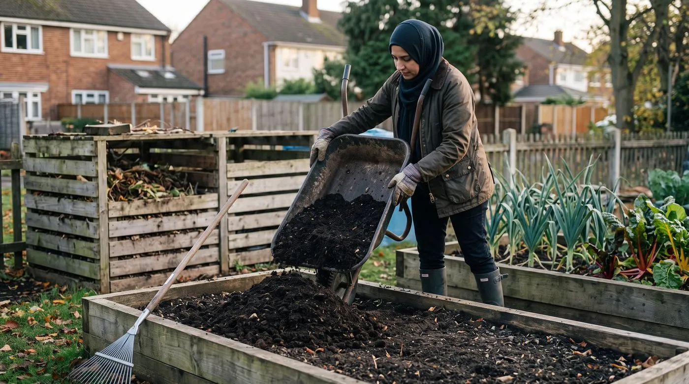 Woman spreading home-made compost on top of a raised veg bed beside wooden compost bins