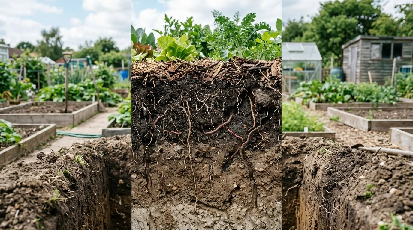 Cross-section of healthy regenerative garden soil showing mulch layers and earthworm channels in a UK allotment