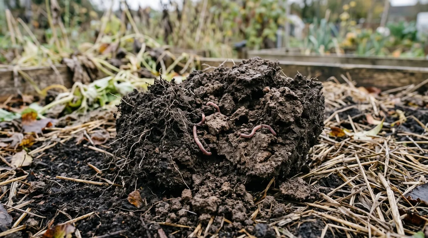 Clod of dark crumbly soil with earthworms, worm tunnels and fine roots on a mulched veg bed