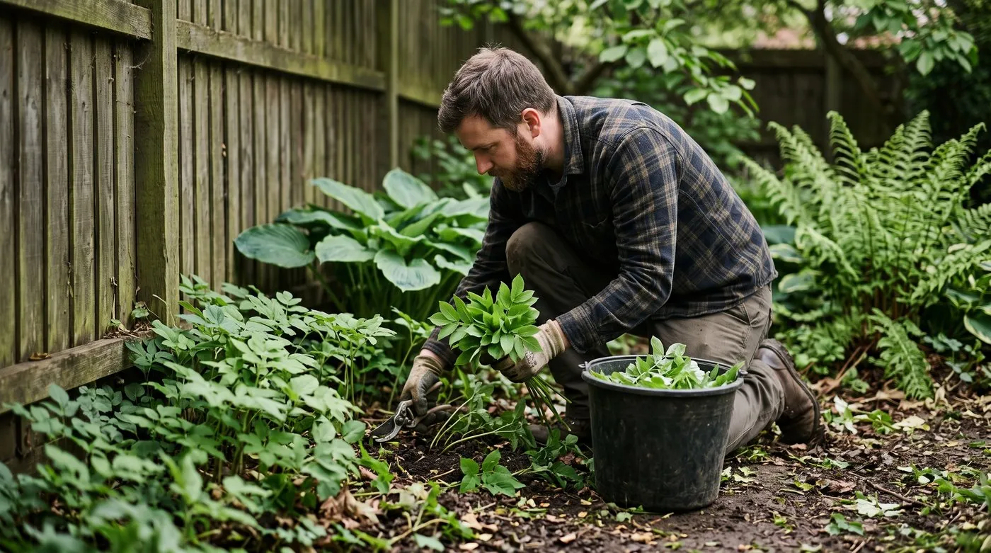 A man snipping ground elder shoots at soil level in a shady border with secateurs