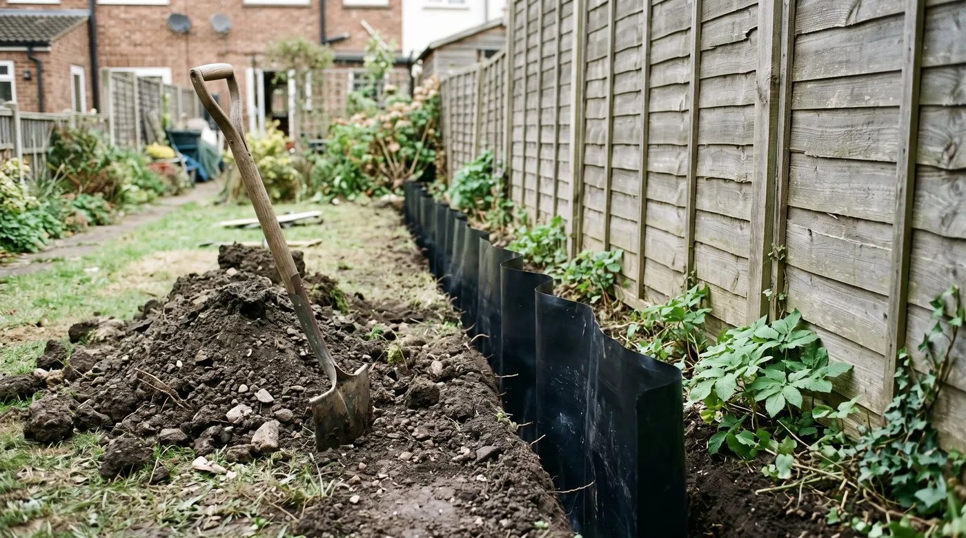 A root barrier set upright in a deep trench along a fence to stop ground elder creeping in