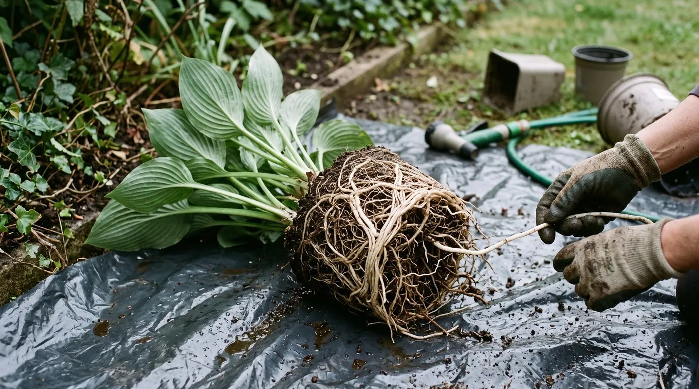 Washed hosta root ball with white ground elder roots tangled through it, being teased out