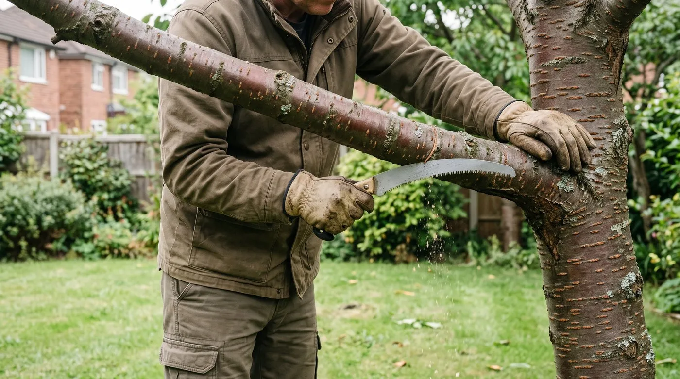 Gardener making an undercut on the underside of a cherry branch with a curved pruning saw