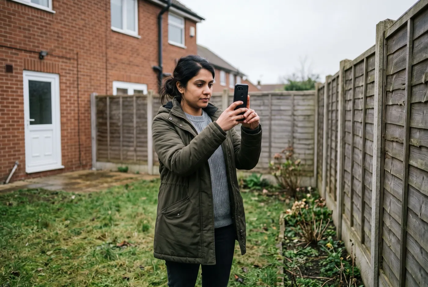 Renter photographing the lawn and fences of a rented garden with a phone for check-in records