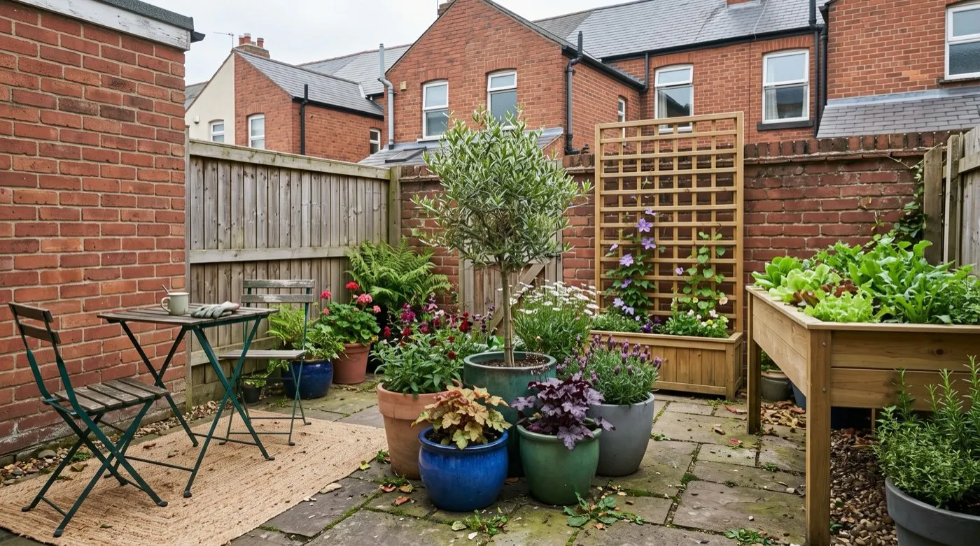 Rental garden in a UK terraced backyard built entirely from grouped containers and freestanding trellis
