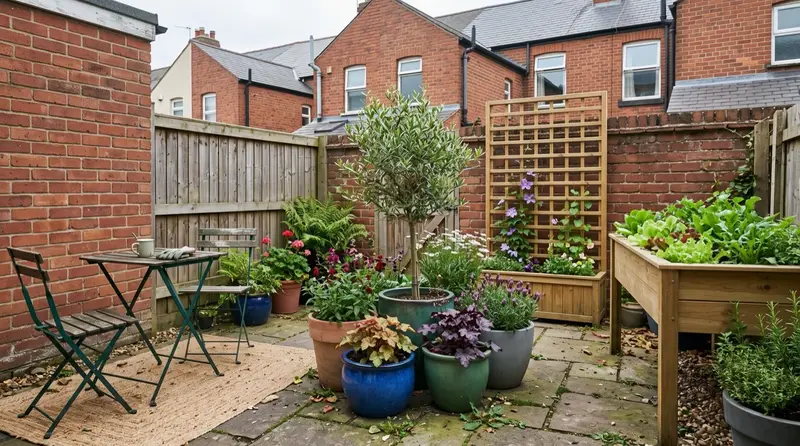 Rental garden in a UK terraced backyard built entirely from grouped containers and freestanding trellis