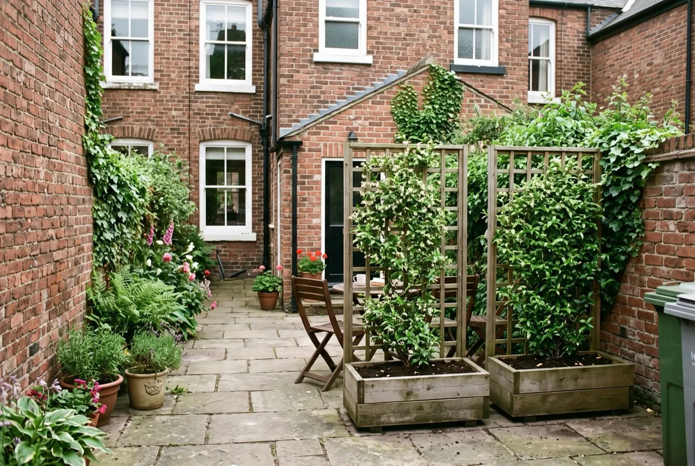 Freestanding trellis screen in planter troughs giving privacy to a shared Victorian conversion yard
