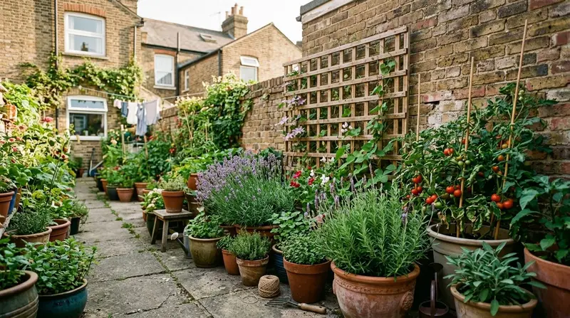Small UK rental backyard filled with movable terracotta and glazed pots against a freestanding trellis