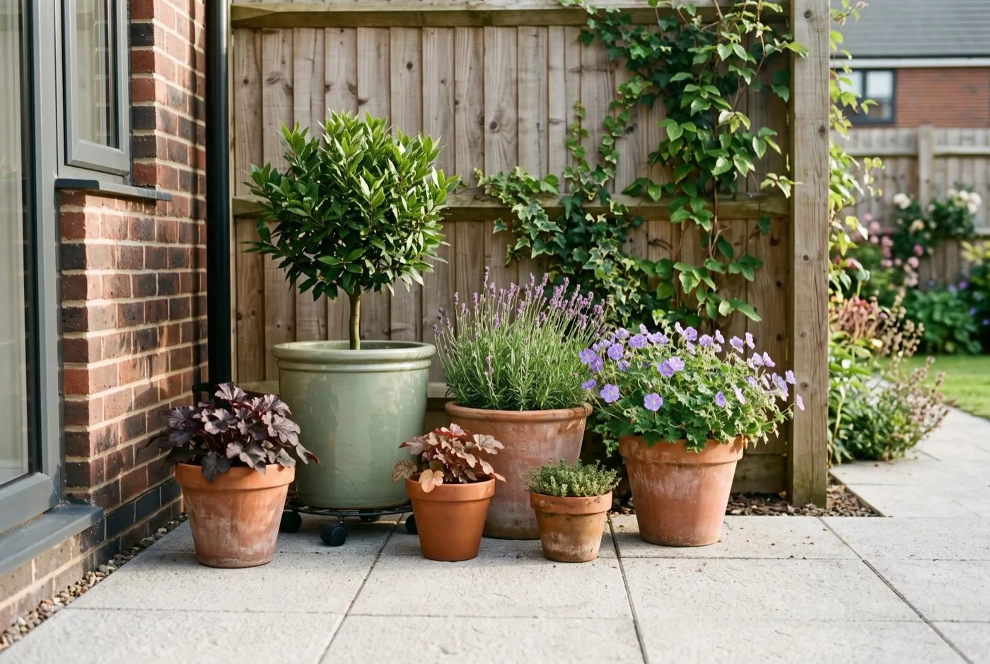 Group of large containers in three sizes making a planted corner on a new-build estate patio