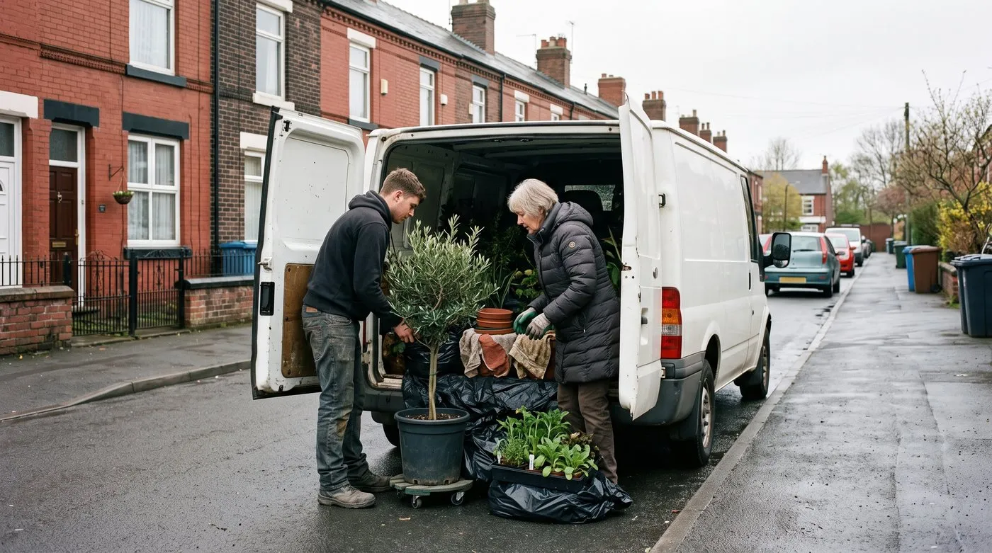 Two people loading wrapped potted plants upright into the back of a van outside terraced houses
