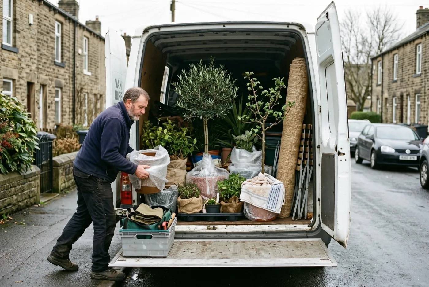 Container plants wrapped and loaded upright in a hire van on rental moving day