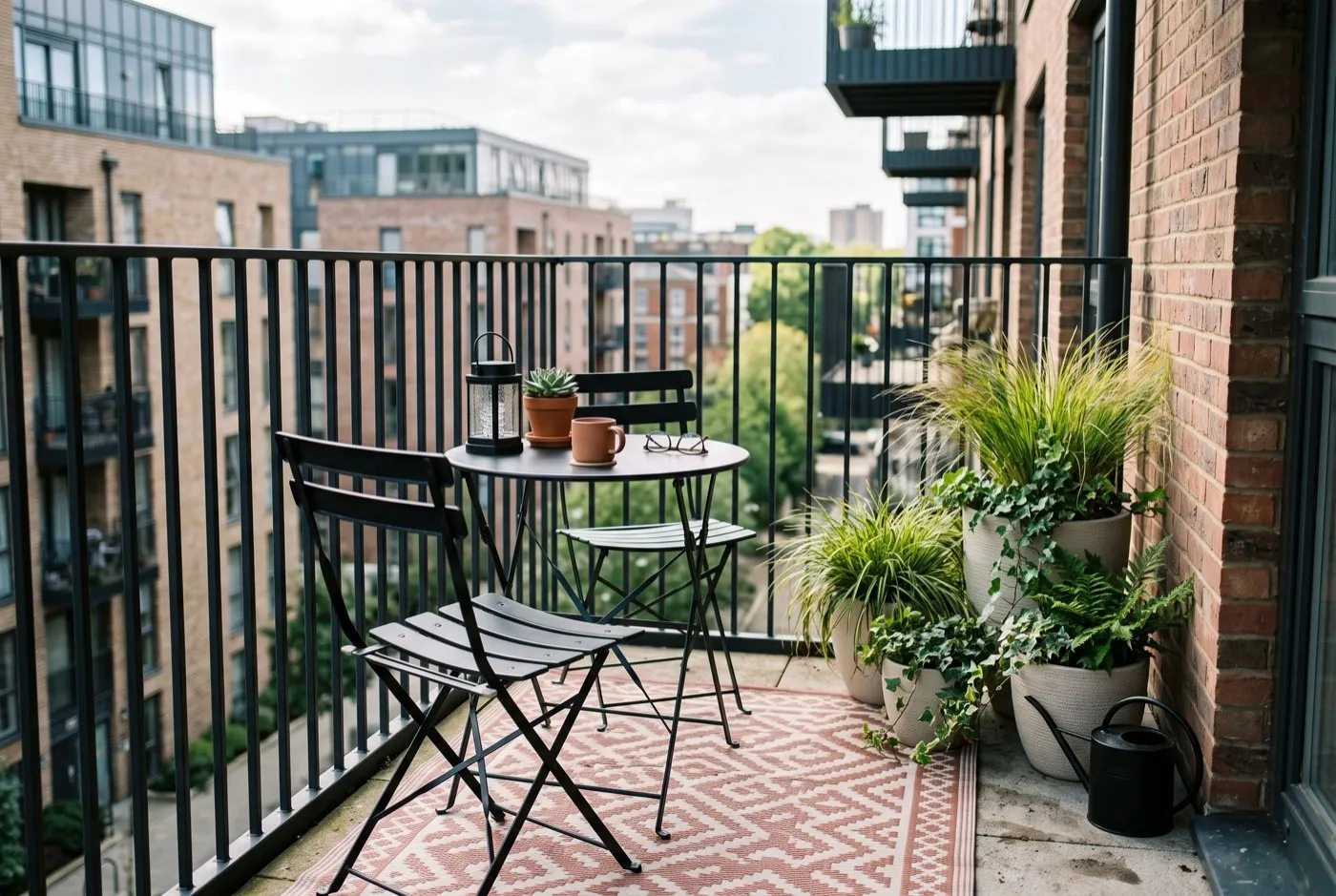 Outdoor rug and folding bistro set making a seating zone on the balcony of a rented flat