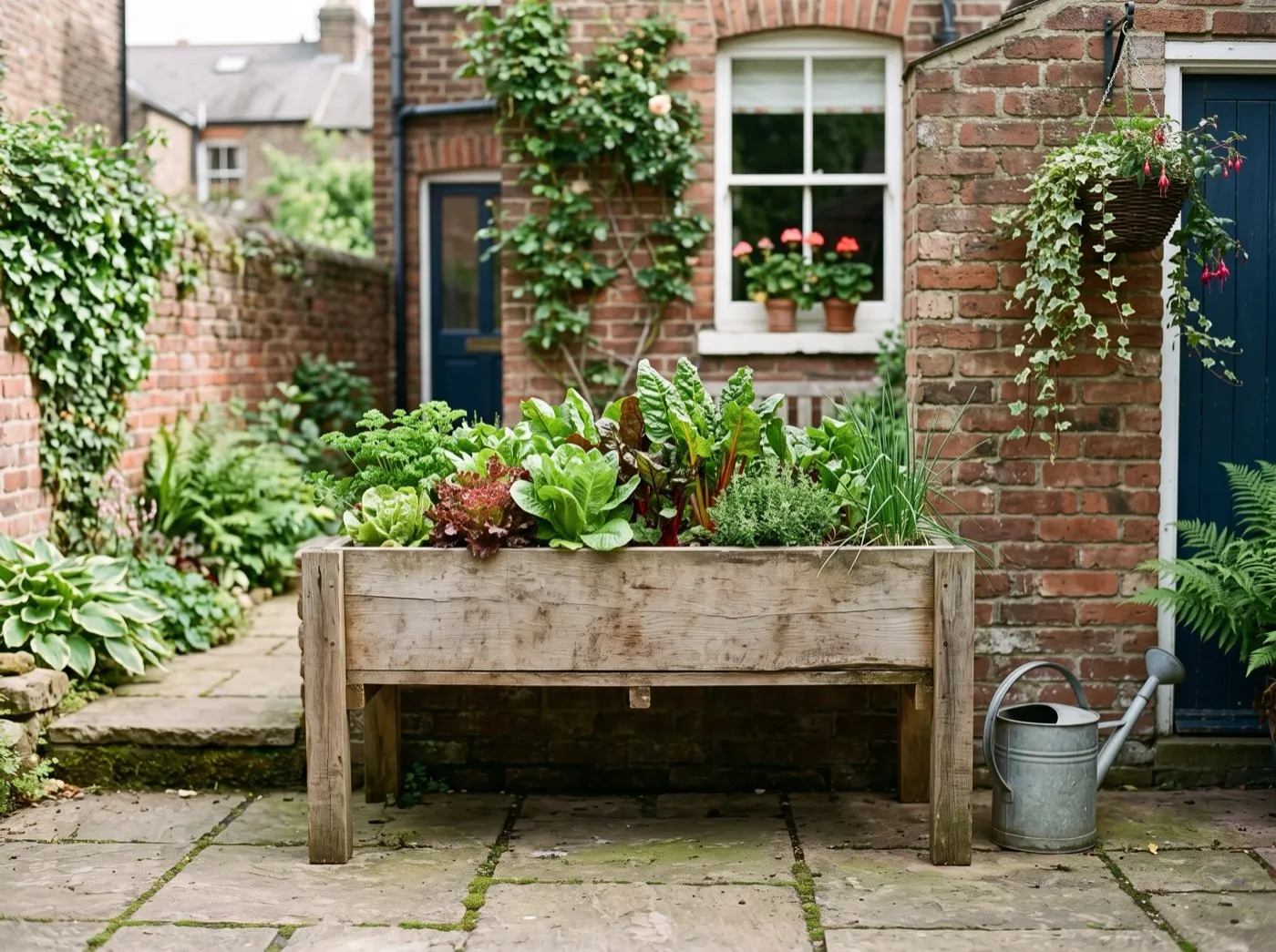 Waist-height raised planter on legs growing salads and herbs on the paved yard of a rented house