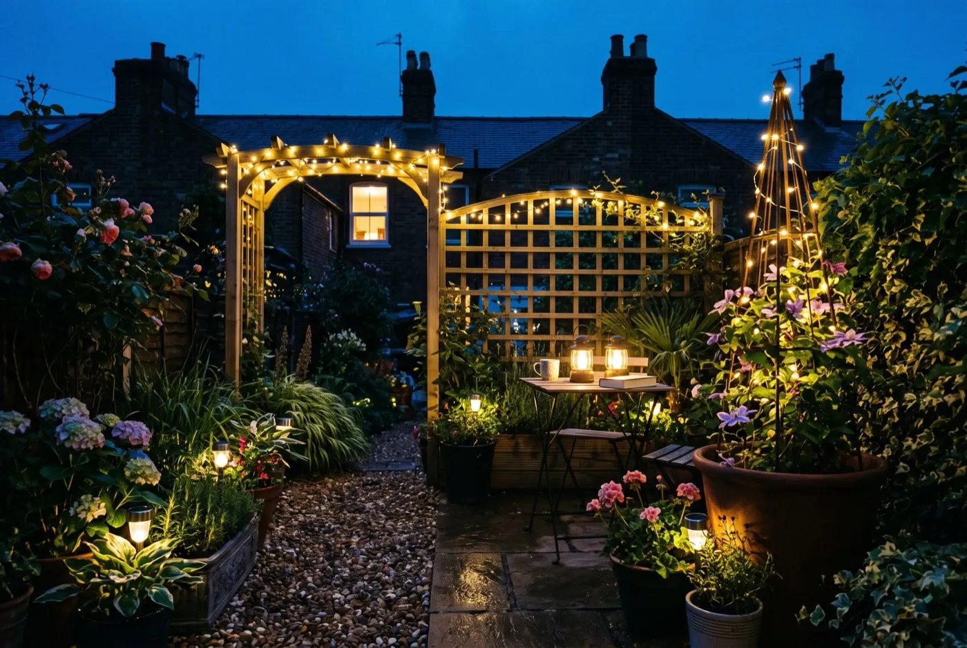 Solar string lights and battery lanterns lighting a small rented garden at dusk with no wiring