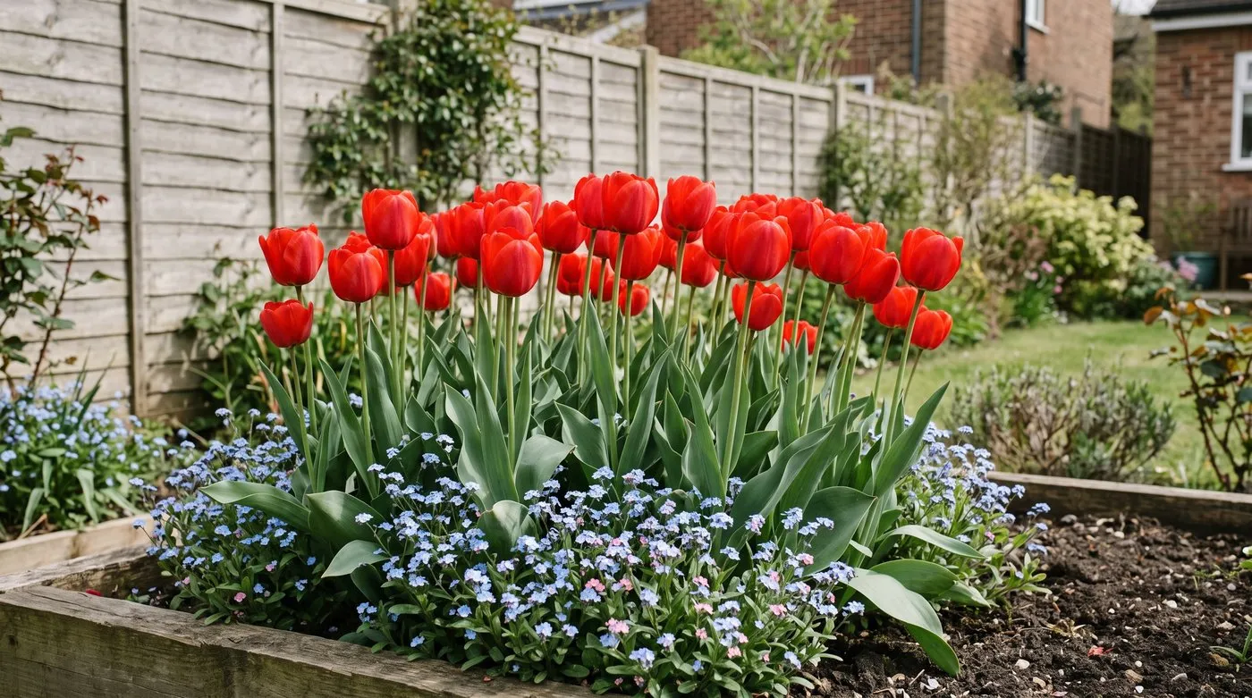 Large red Darwin hybrid tulips with tall stems flowering in a sunny raised bed