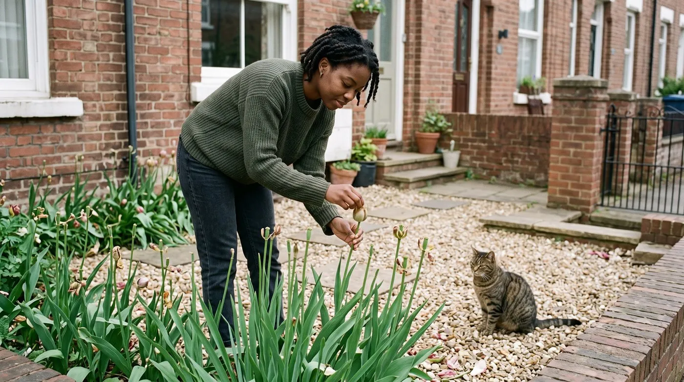 Woman snapping a faded seedhead off a tulip while leaving its green leaves in place, with a cat nearby