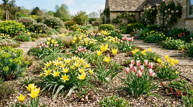 Mass planting of Tulipa tarda and Tulipa clusiana naturalised in a UK gravel garden in late April