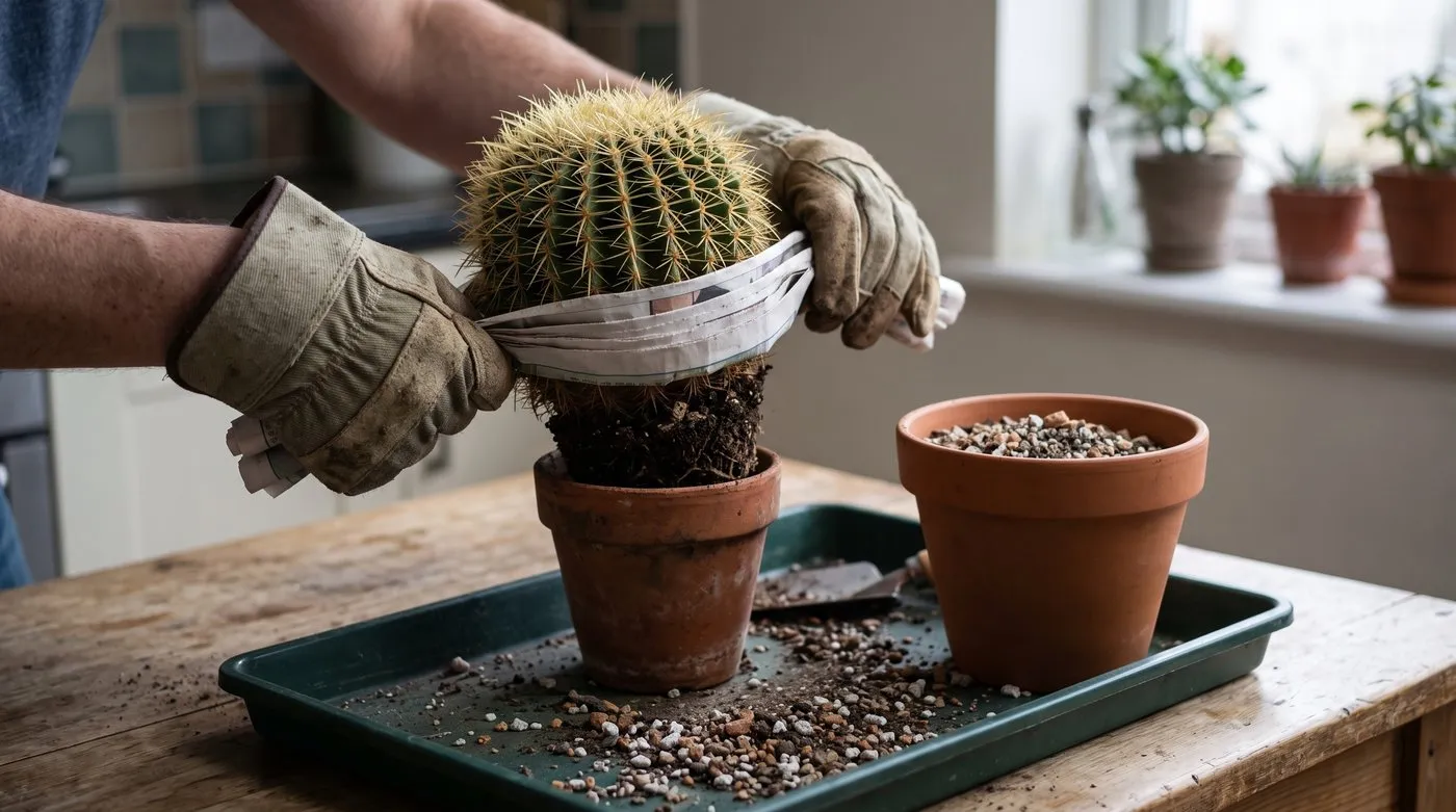 Lifting a spiny cactus out of its pot with a folded newspaper collar wrapped round it