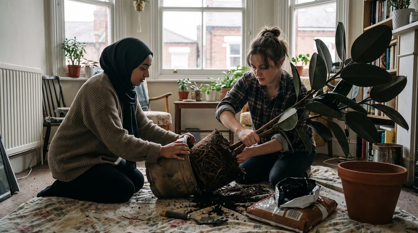 Two friends sliding a large rubber plant out of its pot on its side over an old sheet