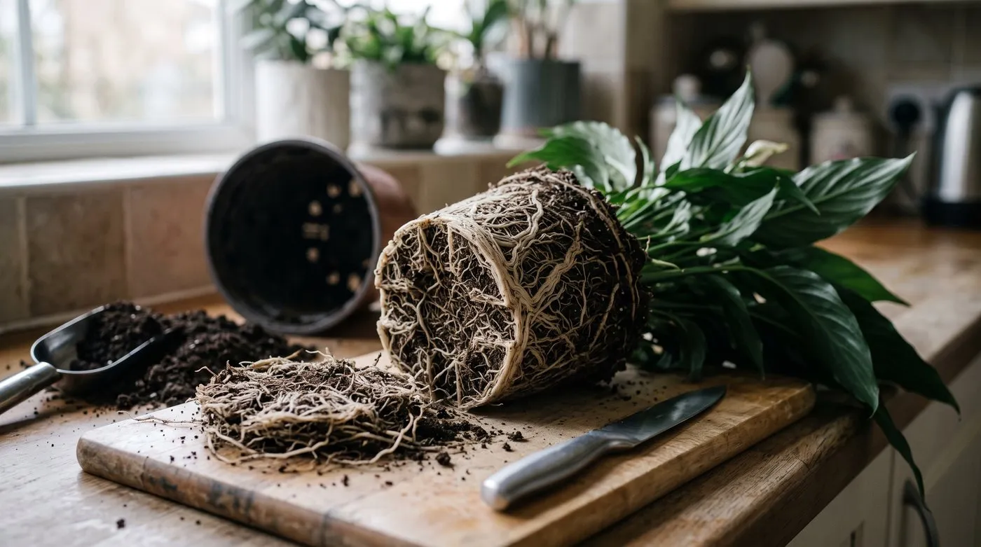 A peace lily root ball with the outer layer of roots trimmed off so it can go back in the same pot