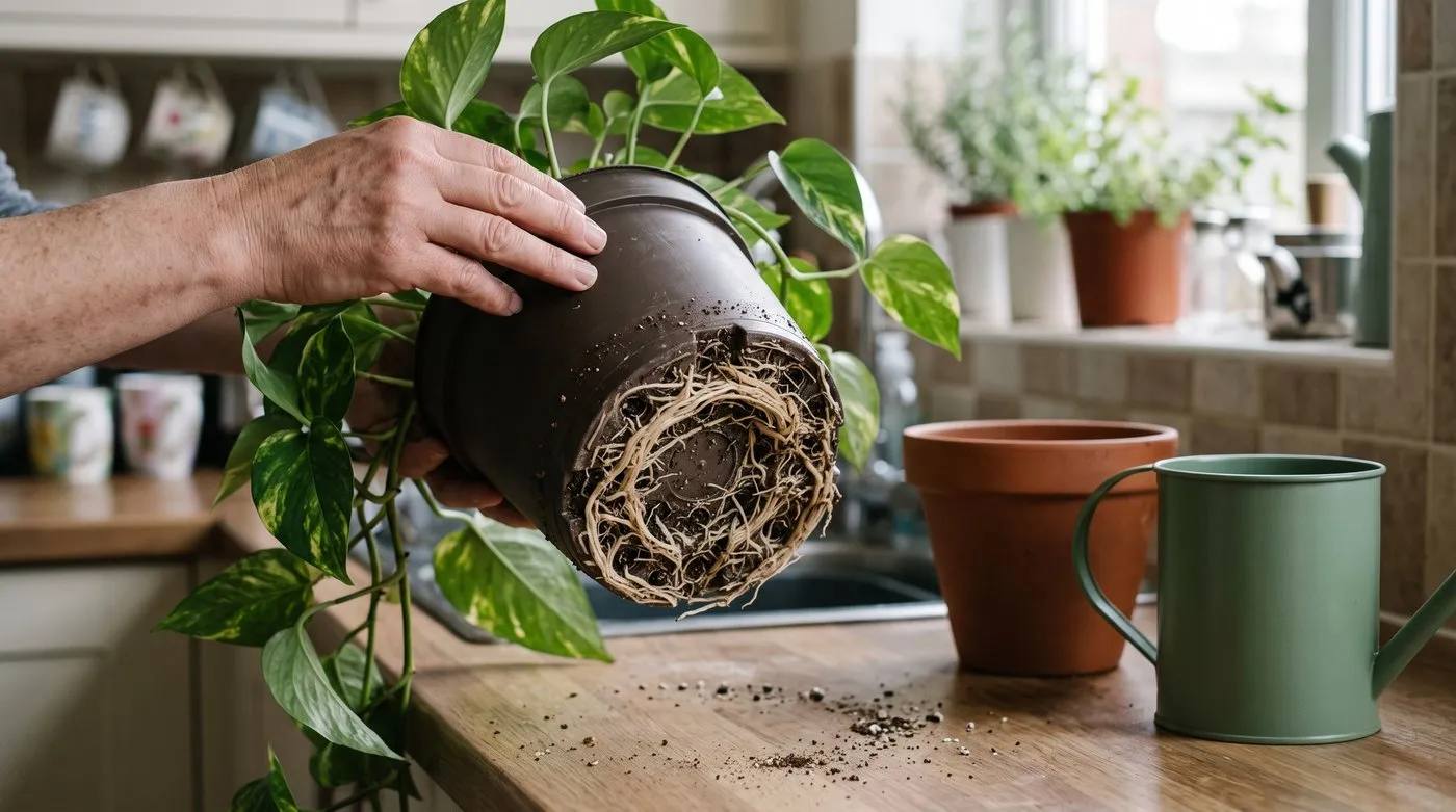 Houseplant roots poking out of the drainage holes of a plastic pot, a sign it needs repotting