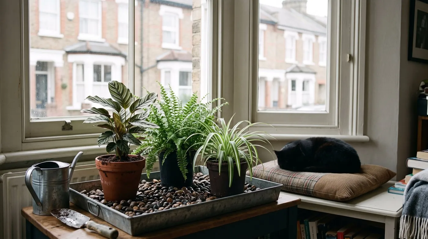 Freshly repotted houseplants grouped on a pebble tray near a bright window, with a cat on the window seat