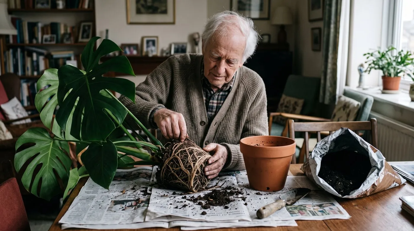 An older man gently loosening the roots of a monstera before repotting it on his dining table
