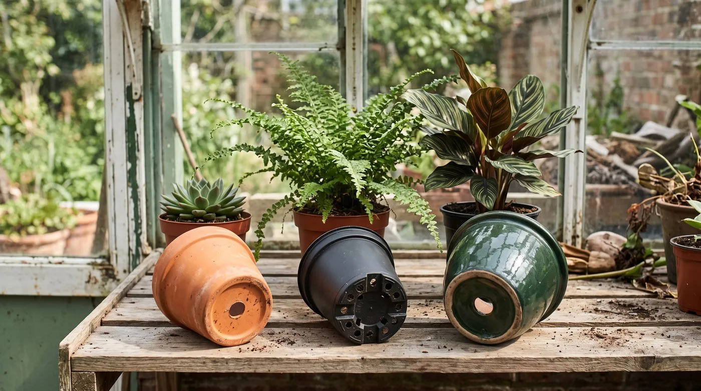 Terracotta, plastic and glazed ceramic plant pots side by side, each showing a drainage hole
