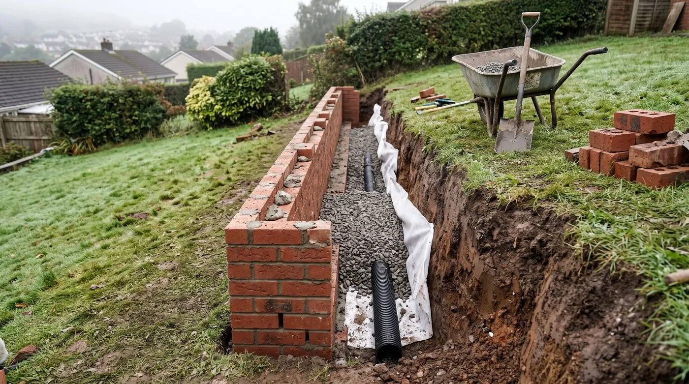 Gravel backfill, geotextile and a perforated drain pipe behind a half-built brick retaining wall