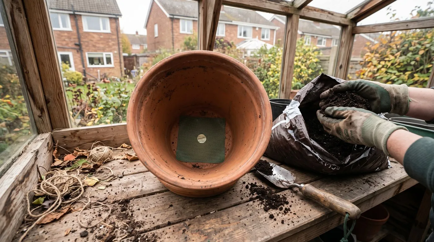 Square of mesh laid over the drainage hole of an empty terracotta pot before adding compost