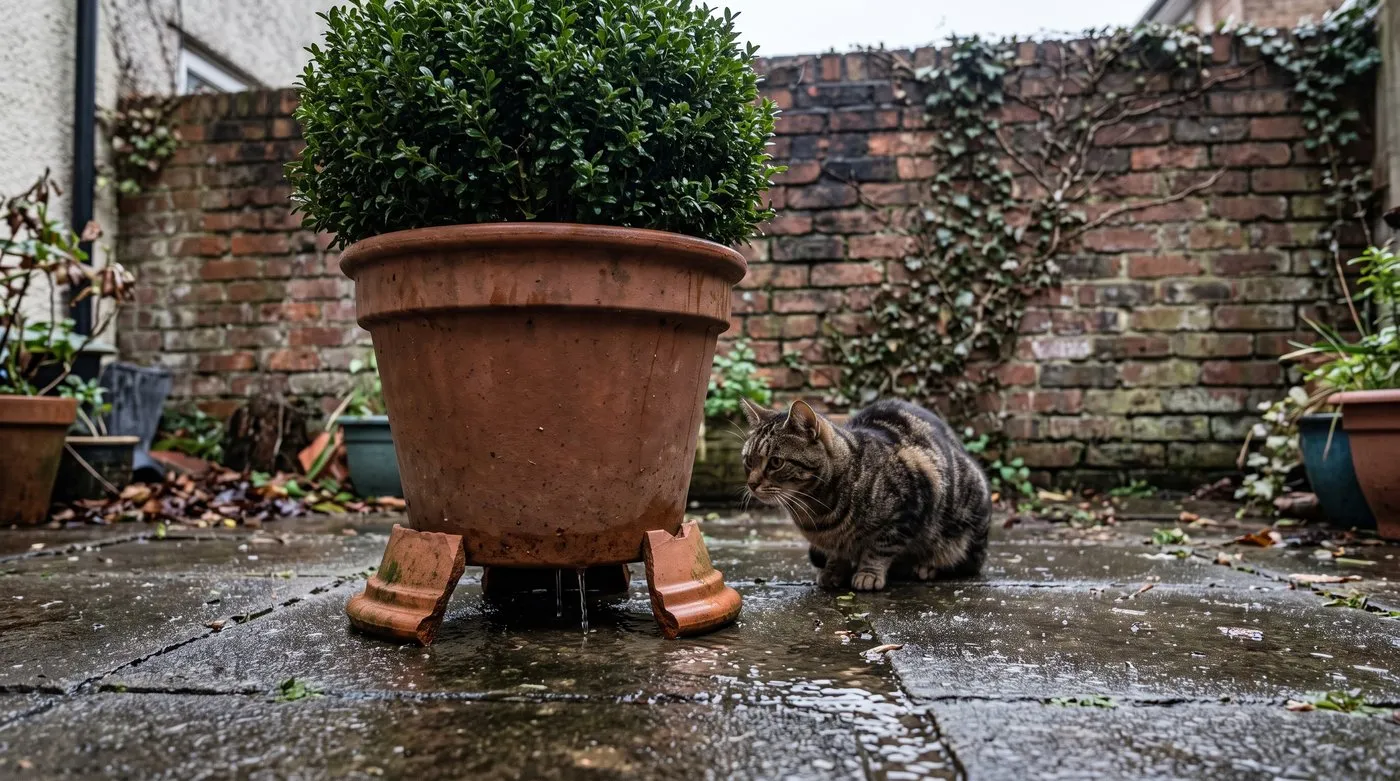 Terracotta pot raised on three broken rim pieces used as pot feet on wet paving
