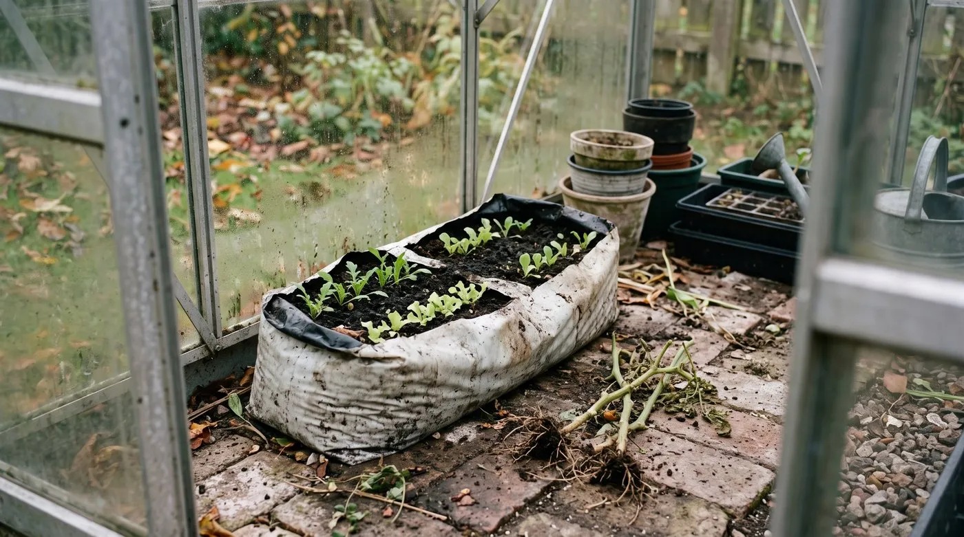 Old grow bag replanted with young lettuce and rocket after the tomato crop was cleared