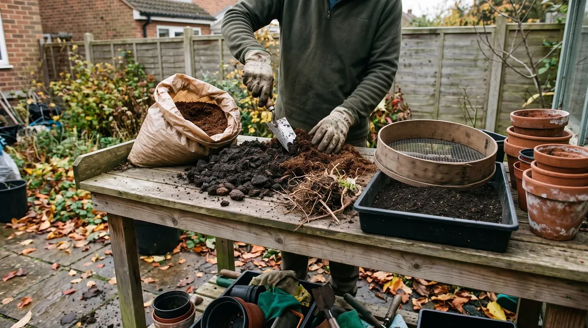 Old compost being sieved and mixed with fresh compost on a potting bench beside terracotta pots