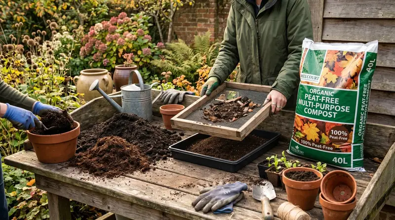UK garden potting bench with three piles of spent compost being refreshed - one being mixed with fresh compost