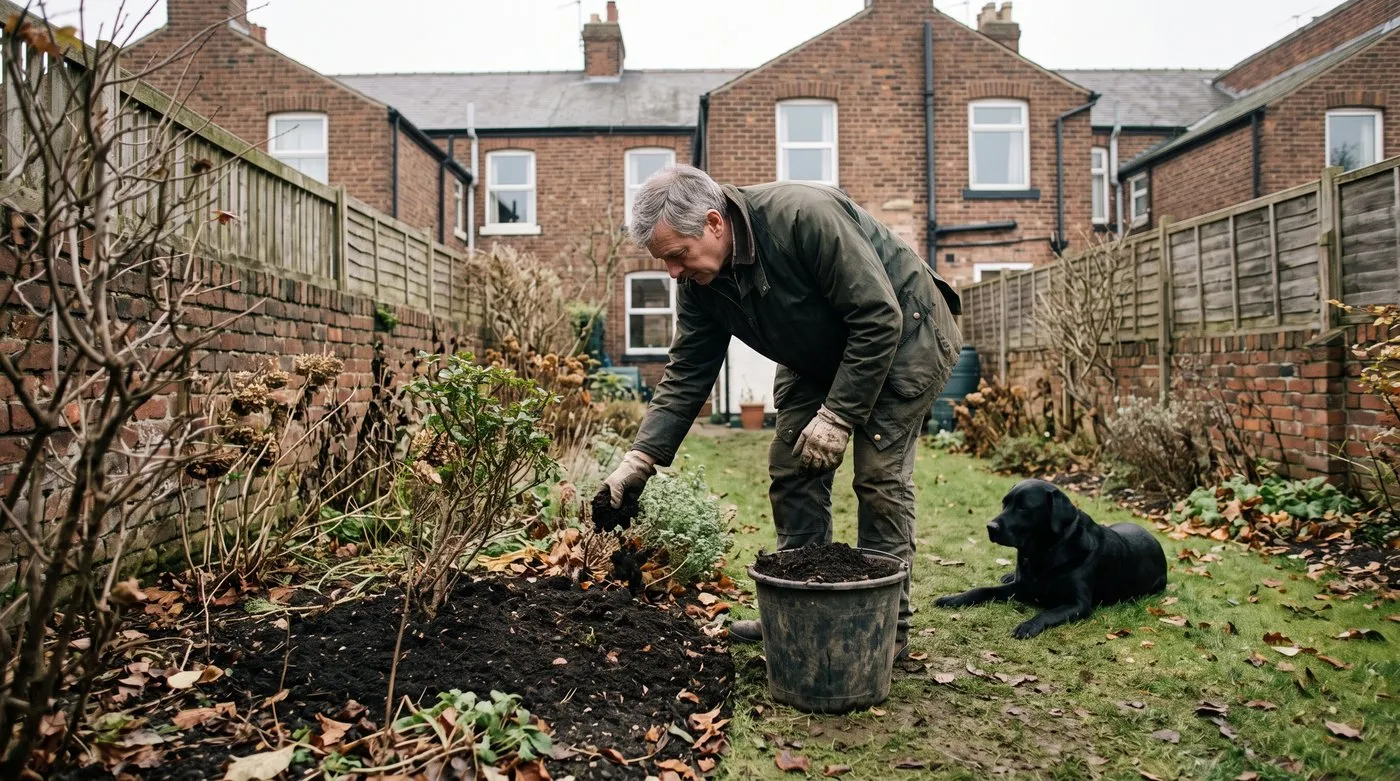 Man spreading old compost as a mulch around perennials in a border while a Labrador watches