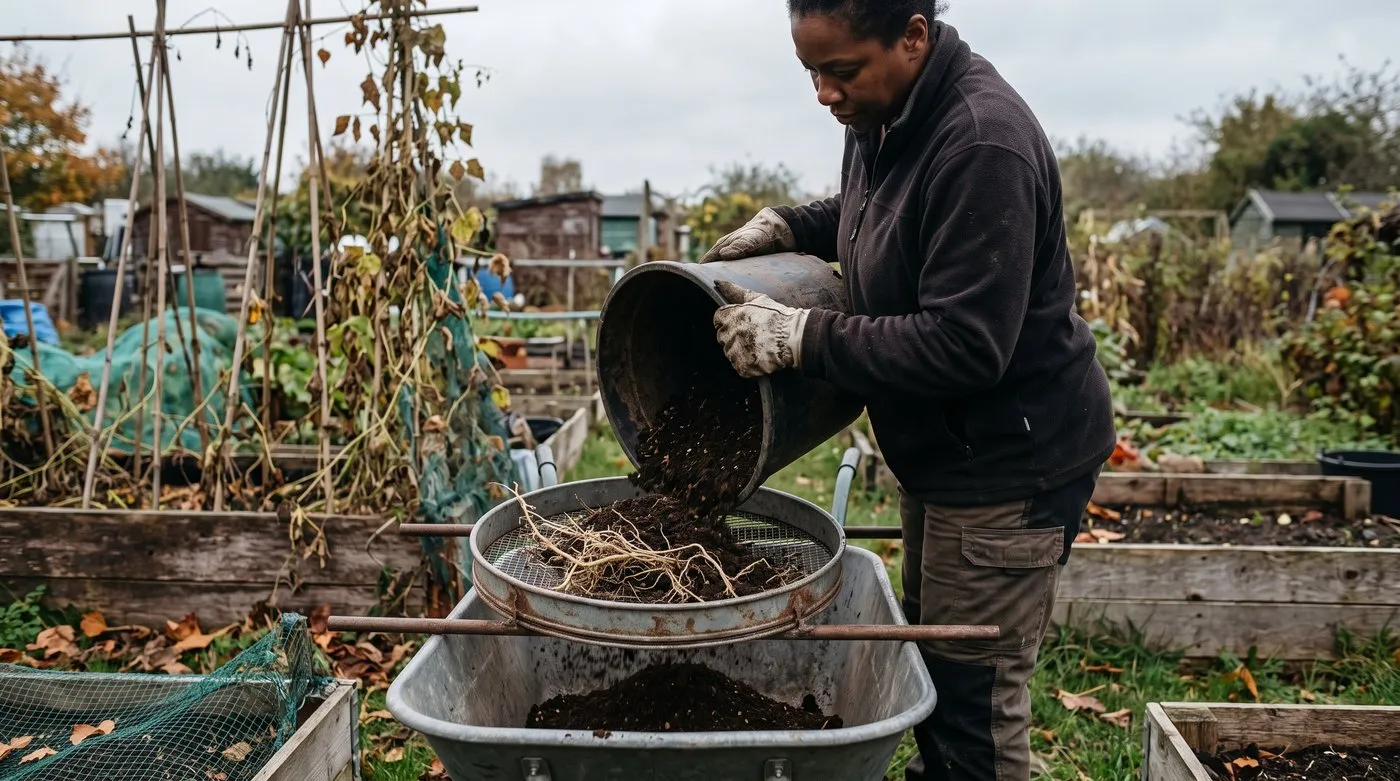 Woman sieving old compost from a pot through a garden riddle into a wheelbarrow, catching old roots