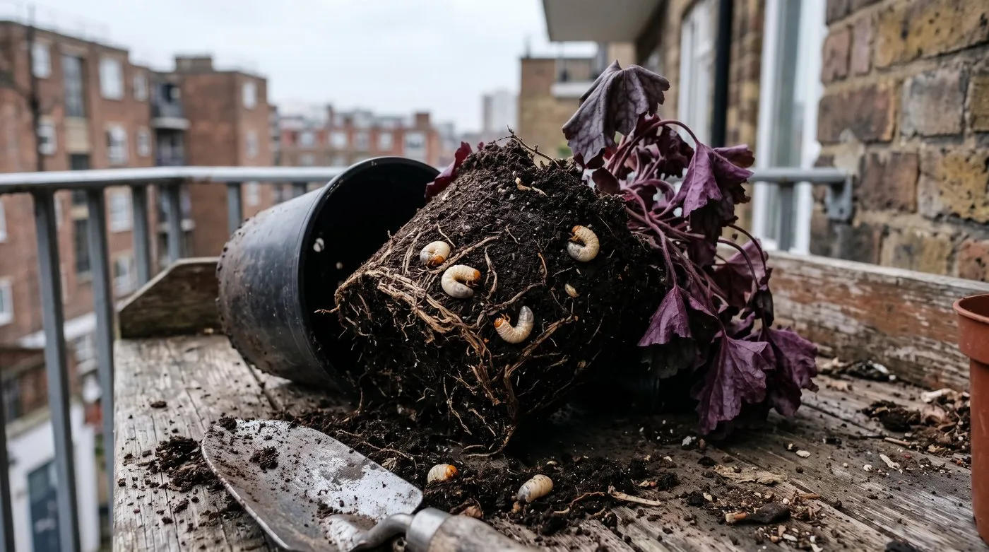 Wilted heuchera tipped out of its pot showing creamy C-shaped vine weevil grubs among chewed roots