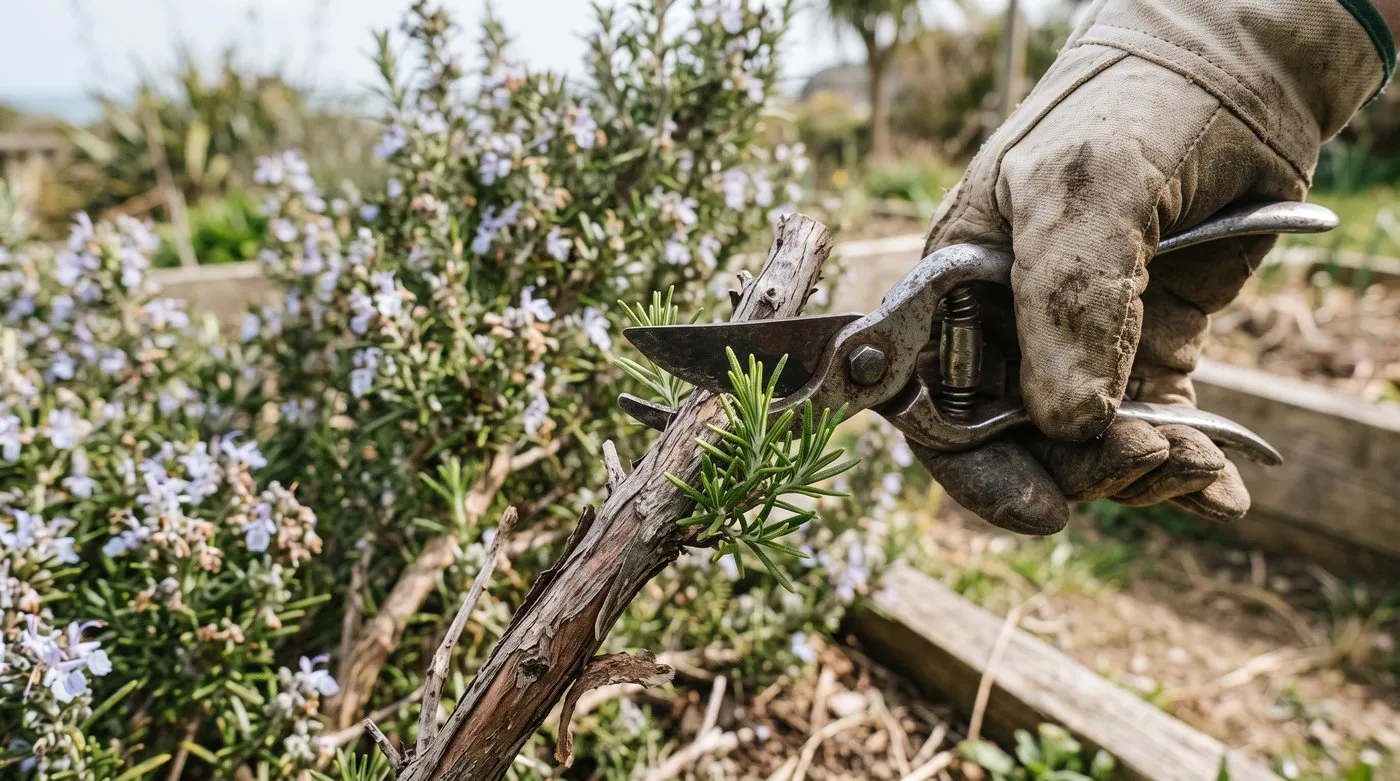 Secateurs cutting an old woody rosemary stem just above a cluster of green shoots