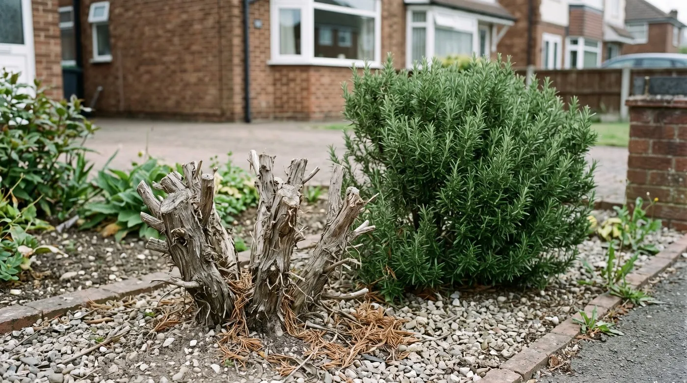 Rosemary cut back to bare woody stumps with no leaves beside a healthy green rosemary bush